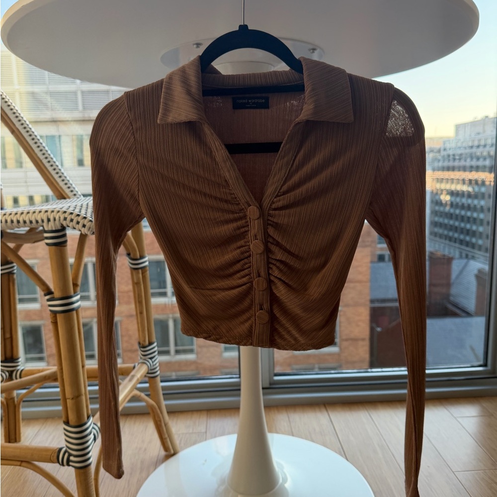 Naked Wardrobe Tan Button-Up Long Sleeve Top